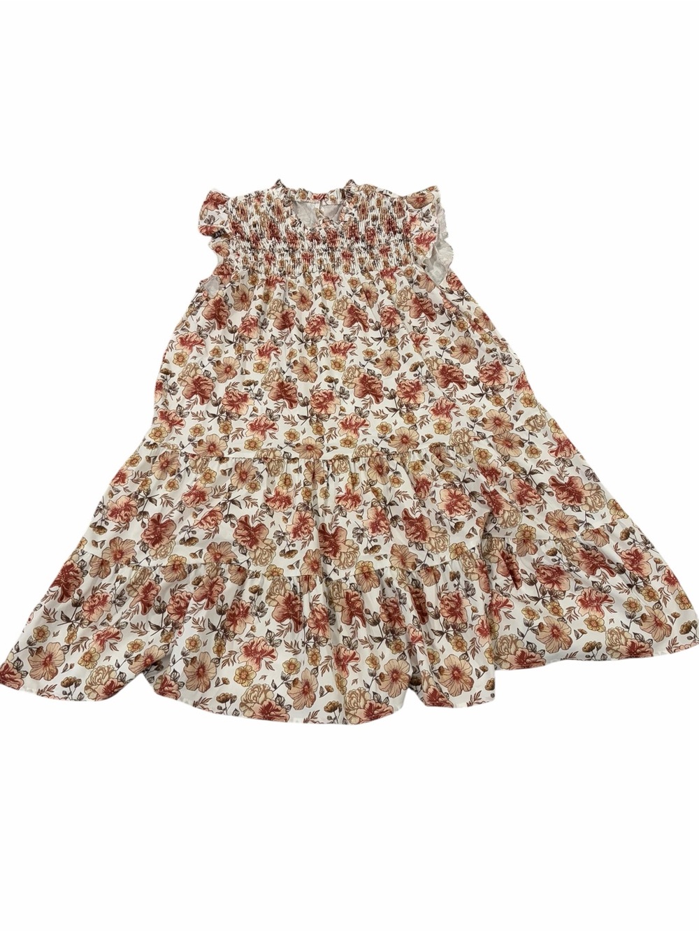 Womens Floral Tiered Boho Midi‎ Dress Smocked Front Ruffle Sleeve Large